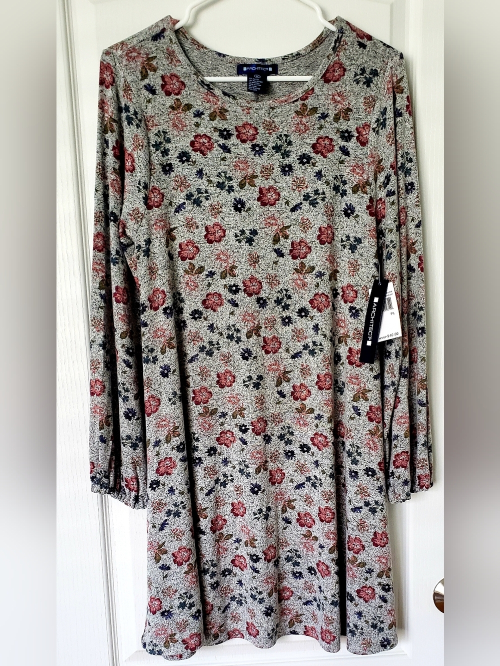 Architect Floral Long-Sleeve Dress in Gray with Pink and Navy Flowers